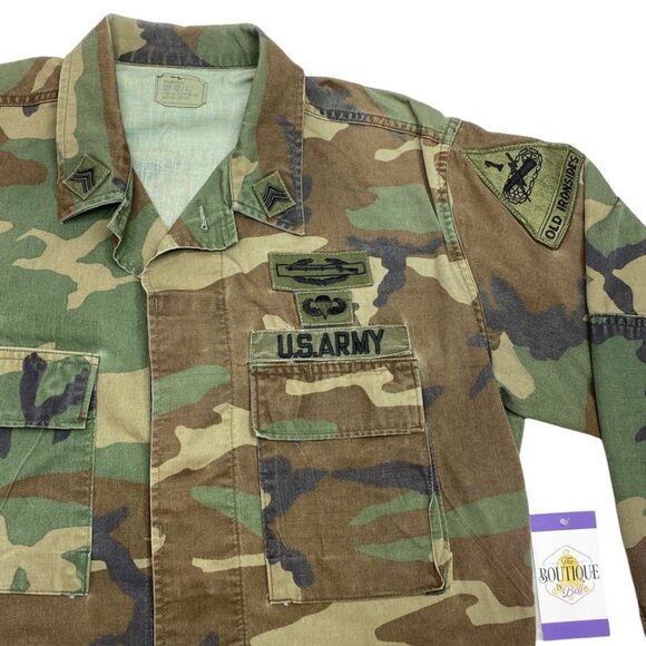 Vintage US ARMY Combat BDU Woodland Camo Field Jacket Shirt Ironside Patches - Picture 3 of 16